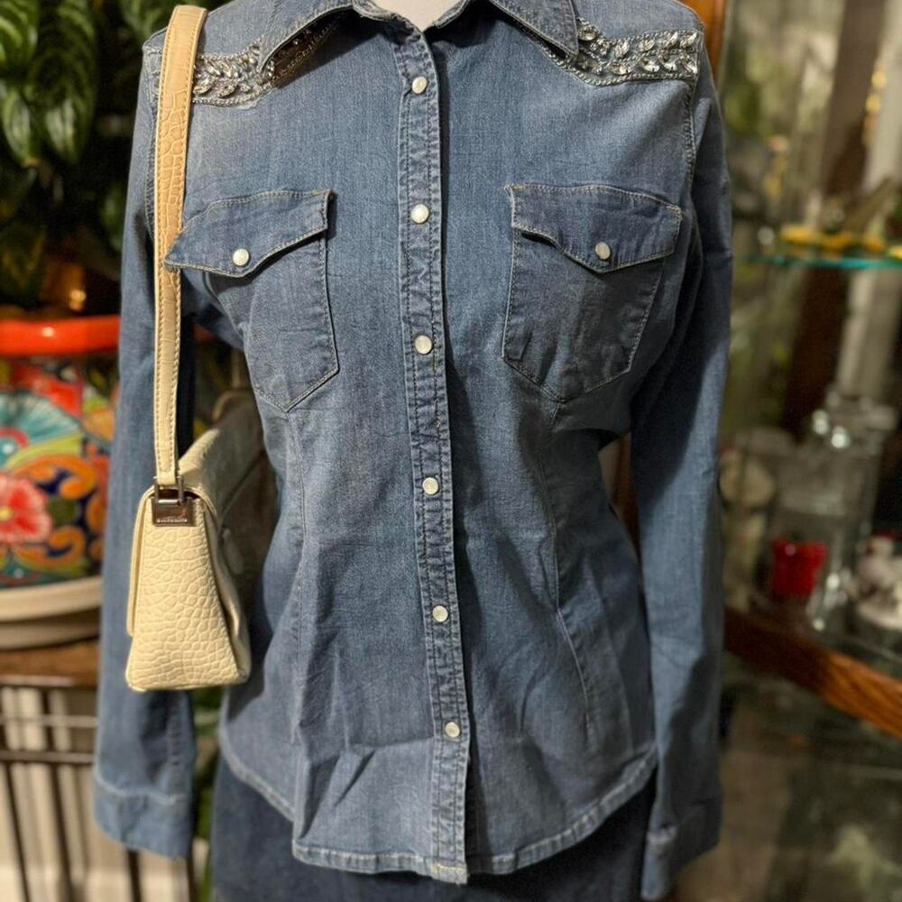 Y2k guess denim rhinestone shirt